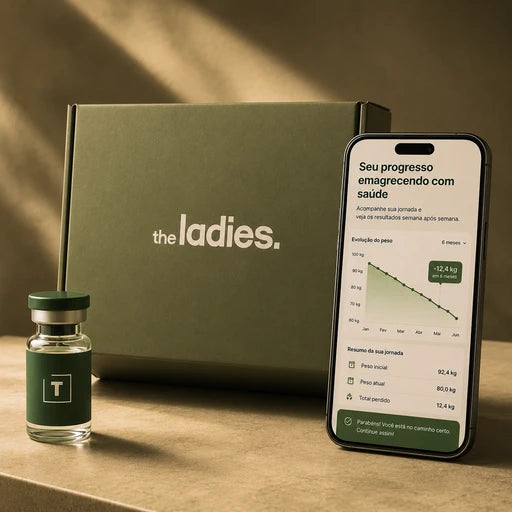 Caixa The Ladies com o frasco e o app de acompanhamento do peso
